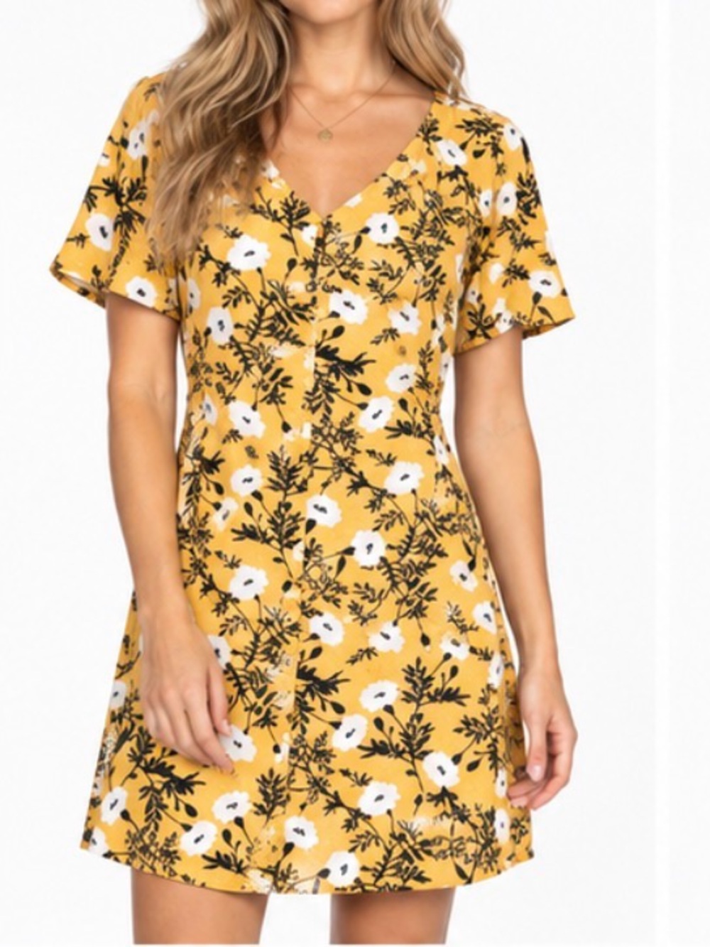 Roxy Yellow Floral V-Neck Mini Dress